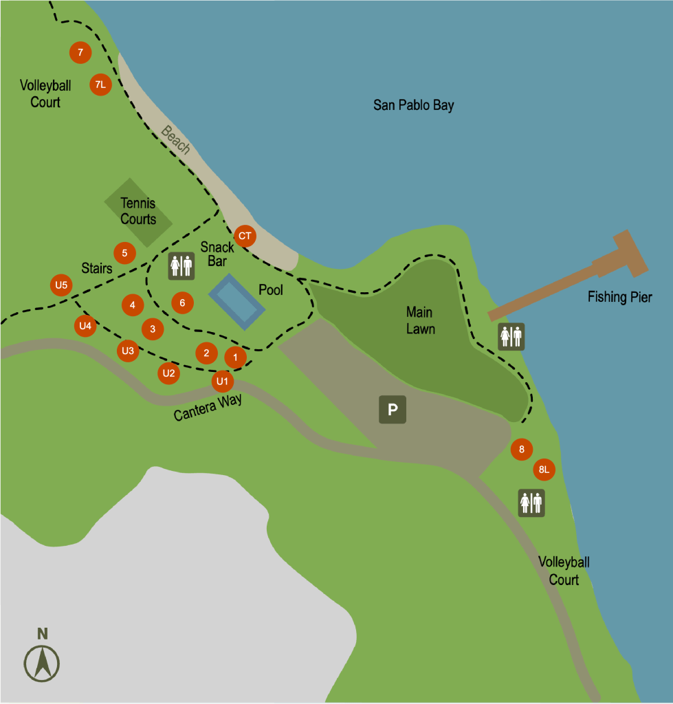 Map layout showing various facilities including a volleyball court, tennis courts, a pool, a snack bar, and a fishing pier near San Pablo Bay.