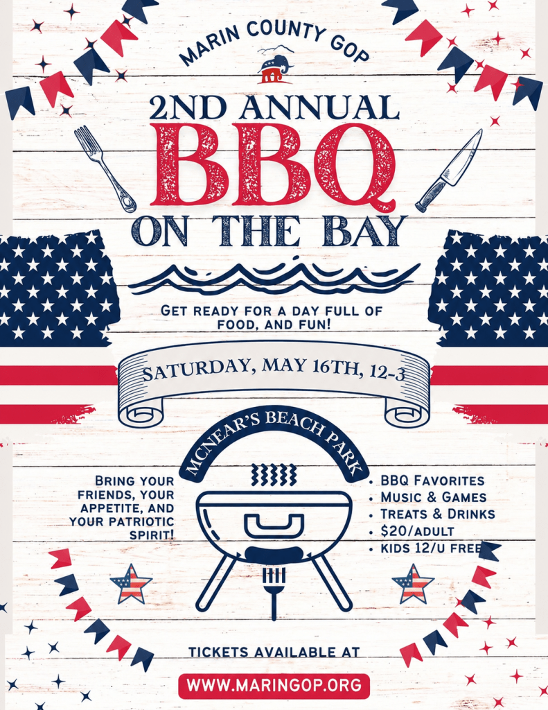 Promotional poster for the 2nd Annual BBQ on the Bay event organized by Marin County GOP, featuring details about the date, location, ticket prices, and activities.