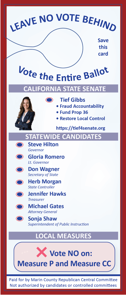 A voter information card promoting the 'Leave No Vote Behind' initiative in California, featuring a call to vote for the entire ballot. It lists candidates for the California State Senate and other statewide offices, including their names and titles. At the bottom, it advises to vote 'NO' on local measures P and CC.