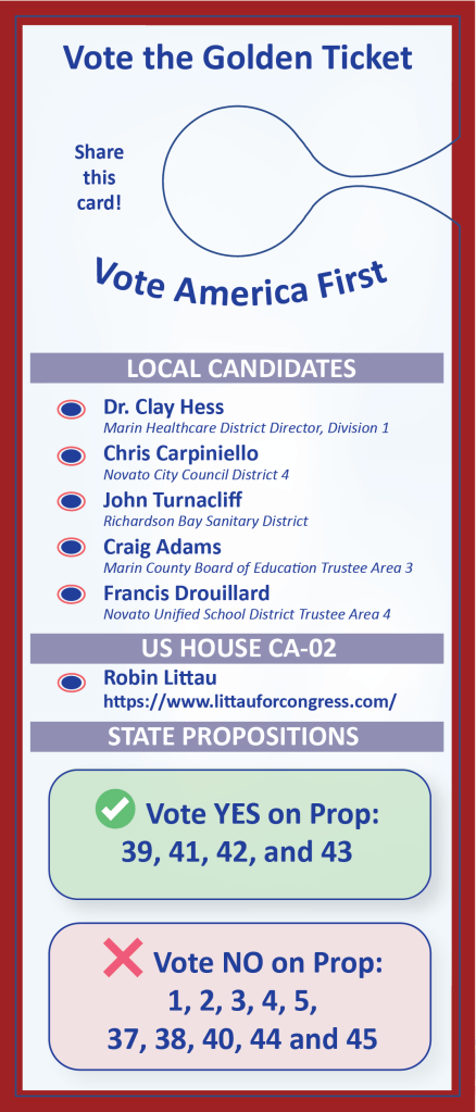 A campaign flyer titled 'Vote the Golden Ticket' promoting local candidates for the Marin Healthcare District, Novato City Council, Marin County Board of Education, and US House CA-02. Includes a call to vote YES on state propositions 39, 41, 42, and 43, and NO on propositions 1, 2, 3, 4, 5, 37, 38, 40, 44, and 45.